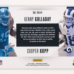 Cooper Kupp and Kenny Golladay 2017 Panini Contenders Round Numbers Emerald FT (back).jpg
