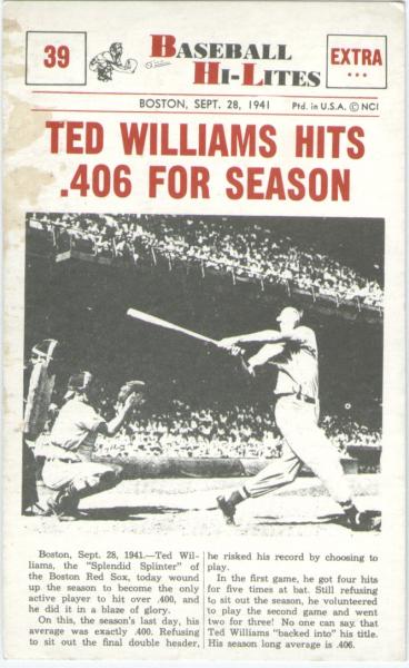 1960 Nu-Card Hi-Lites 39 Ted Williams Hits .406 For Season