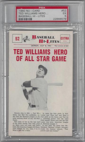 1960 Nu-Card Hi-Lites 52 Ted Williams Hero Of All-Star Game
