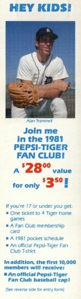 81 pepsi tigers: Large book-mark size card w/ perforation for hanging on neck of bottle.