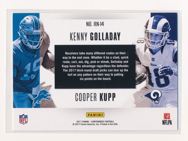 Cooper Kupp and Kenny Golladay 2017 Panini Contenders Round Numbers Emerald FT (back).jpg